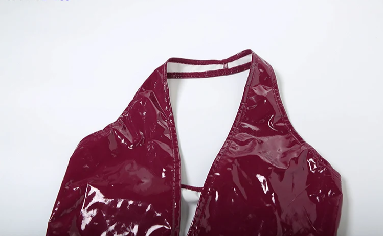 Faux Leather Sex  Set Women  Low-Neck Halter Sleeveless Bodysuit+Zipper Waist2 Piece Stretch Pant Clubwear Trend Suit