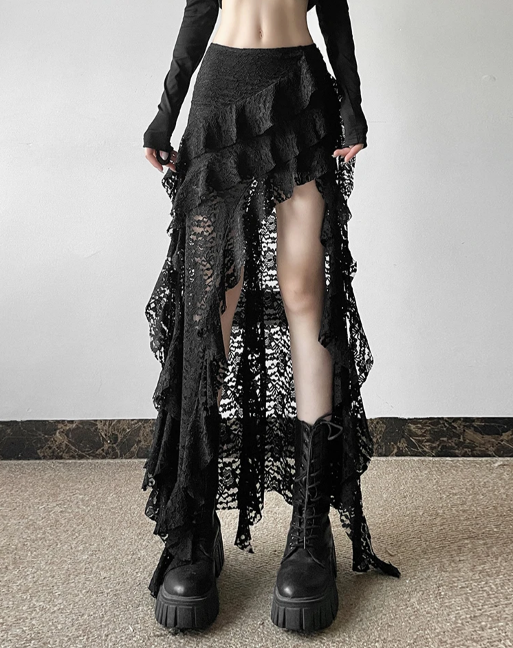 Tassels Women Skirts Chic Irregular Hem Multi-Layered Ruffles Lace Patchwork Summer Trend Skinny Versatile Bottoms