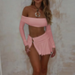 Sexy Pleats 2 Piece Set Women Slash Neck Long Sleeve Waistless Crop Tops+Rings Patchwork Slits Mini Skirts Trend Suit