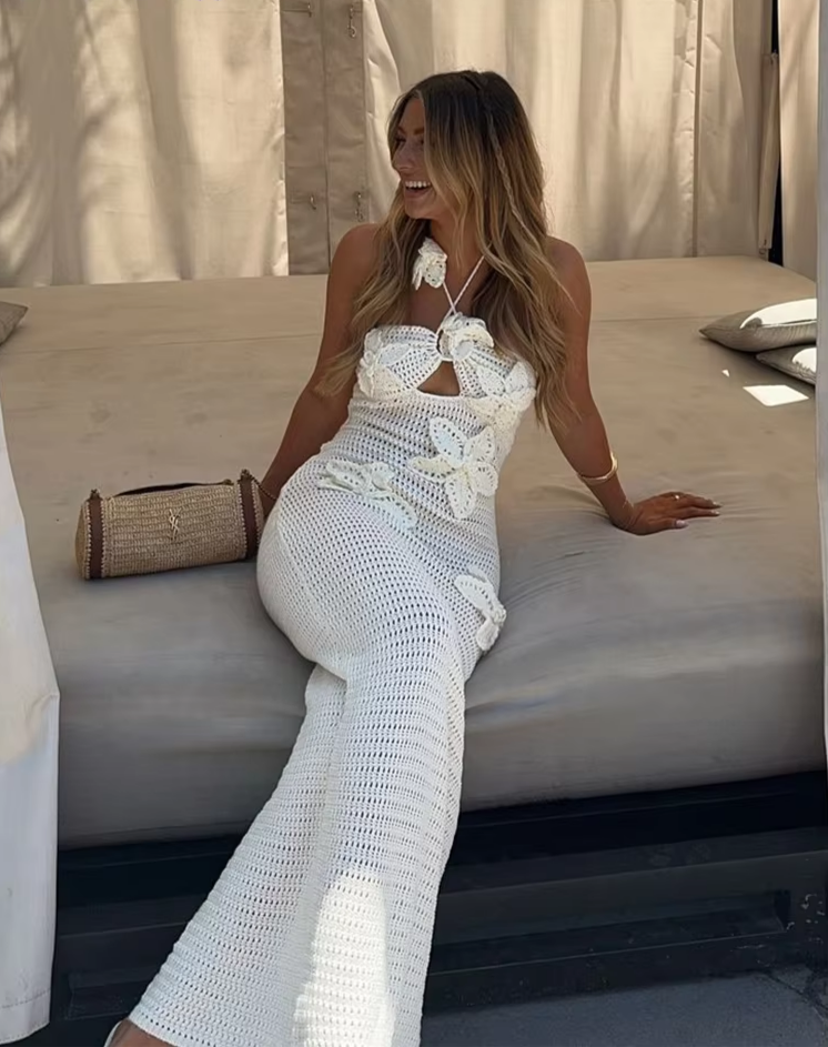 Appliques Halter Sexy Dress Women Shirring Knit See Through Elegant Beach Vacation Summer Trend Clubwear Long Bodycon