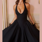 Elegant Backless Dress Women Halter Lace-Up Low-Neck Sleeveless Pleat Hem Birthday Banquet Party Stretch Long Bodycon