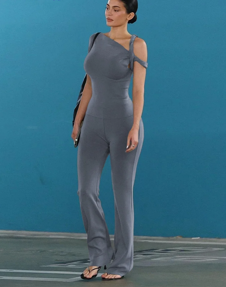 Elegant Women 2 Piece Set Stretch Irregular Knot Short Sleeve Tank Tops+Flare Pants Matching Stretch Slim Streetwear