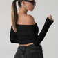 Pleat Irregular Crop Tops Women Skew Collar Full Sleeve Autumn Trend Solid Stretch Simple Streetwear Classic T-Shirts