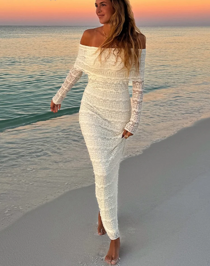 Jacquard Vacation Dress Women Lapel Slash Neck Backless See Through Full Sleeve Beach Party Elegant Chic Long Bodycon