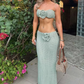 Crochet Applique 2 Piece Set Women Chest Wrap Lace-Up Camisole+Skinny Solid Stretch Long Skirts Matching Elegant Suit