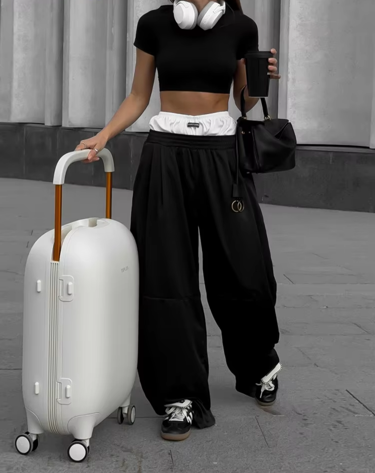 Casual Sporty Women Pants Hipster Autumn Trend Fake Two Pieces Wide-Trousers Streetwear Wild Basic Contrast Bottoms