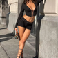 Sequined Patchwork 2 Piece Set Women Sexy Low Neck Lace-Up Long Sleeve Crop Tops+Solid Elastic Shorts Matching Suit