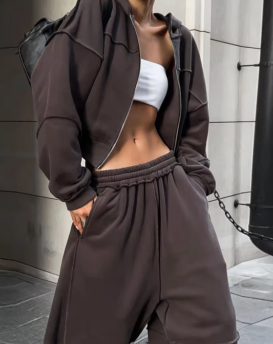 Casual Tracksuit Women 2 Piece Set Panelled Stripes Sporty Simple Hipster Hooded Zip Jacket+Wide Pants Matching Suits