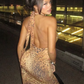 Hollow Plait Halter Dress Women Leopard Print Summer Sexy Backless Irregular Patchwork Hem Slim Vintage Prom Bodycon