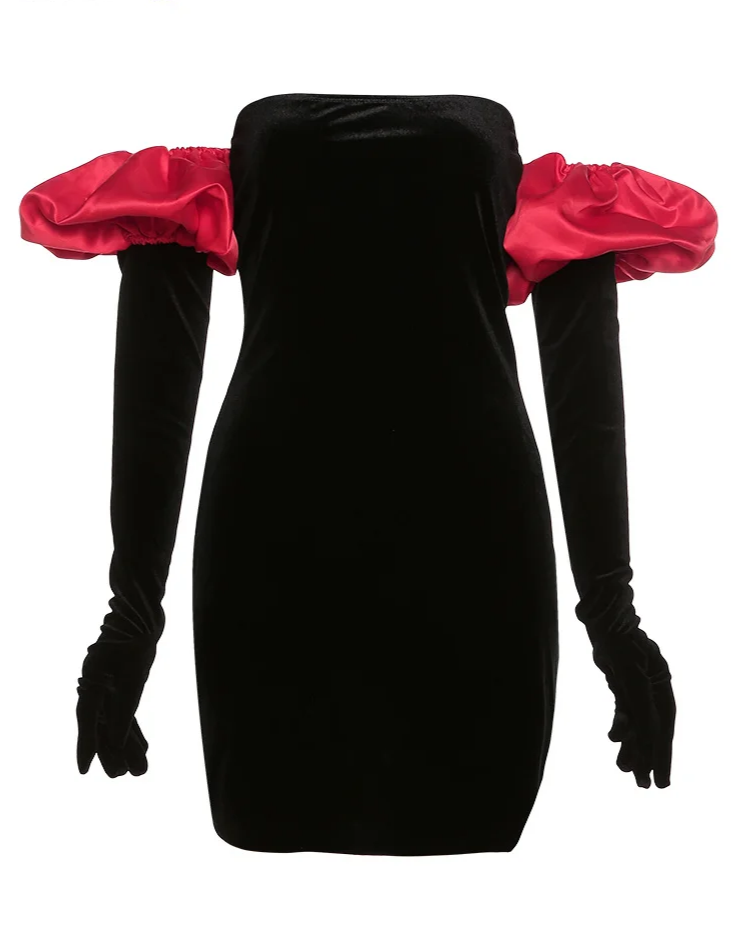 Women Strapless Velvet Dress Elastic Bodycon With  Clouds Gloves Birthday Vacation Party French Romantics Streetwear