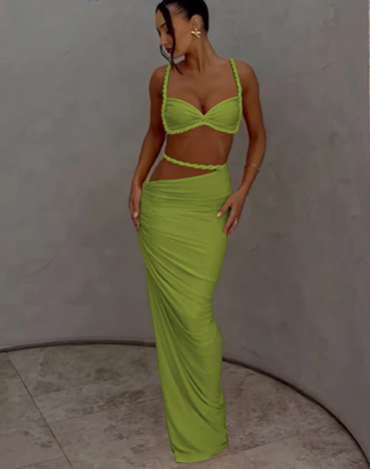 Square Collar 2 Piece Set Women Bra+Skinny Long Skirts Bandage Ruched 2025 Summer Vacation Beach Party Trend Suits