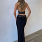 Sexy Summer Women 2 Piece Set Halter Mesh Patchwork Backless Tops+Waistband Long Skirts Midnight Matching Clubwear