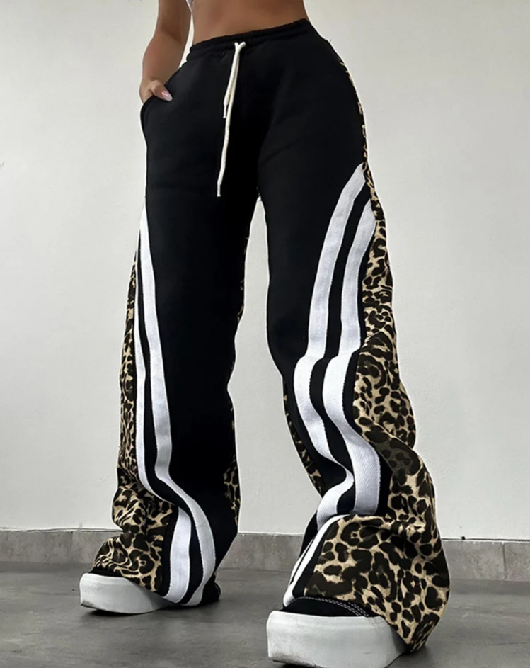 Side Stripe Women Flare Pants Autumn Hipster Leopard Patchwork Pocket Casual Wild Basic Street Sweatpants Trousers