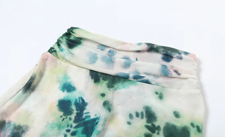 Backless Print Halter 2Peice Set Woman Summer Swinging-Collar Bandage Tank+Mesh Ruffles Tie-Dye Skirt Matching Suit