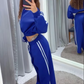 White Striped 2 Piece Set Women Sporty Zipper Crop Jacket+Shirring Waist Straight Pants Workout Activity Tracksuit