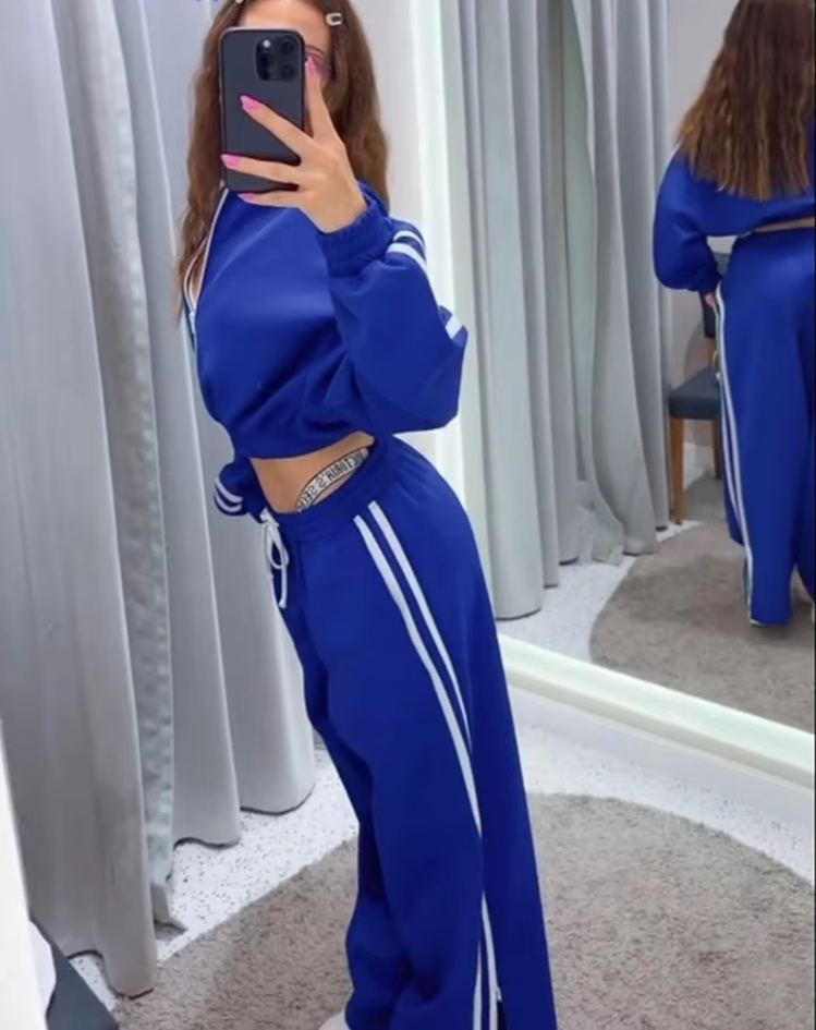 White Striped 2 Piece Set Women Sporty Zipper Crop Jacket+Shirring Waist Straight Pants Workout Activity Tracksuit