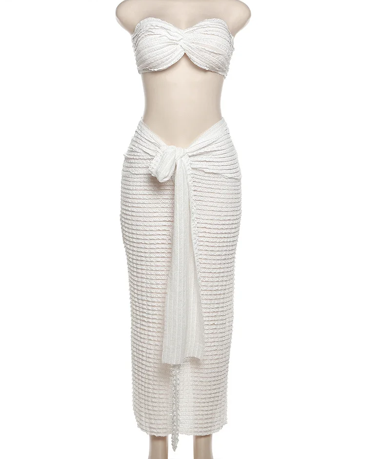 Thin Striped Knot Women 2 Piece Set Midnight Elegant Strapless Tops+Bandage Skirts 2023 Vacation Matching Clubwear