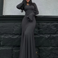 Ribbed Elegant Dress Women O-Neck Solid Flared Sleeve Lace-Up Ruffles Hem Street Trend Stretch Classic Long Bodycon