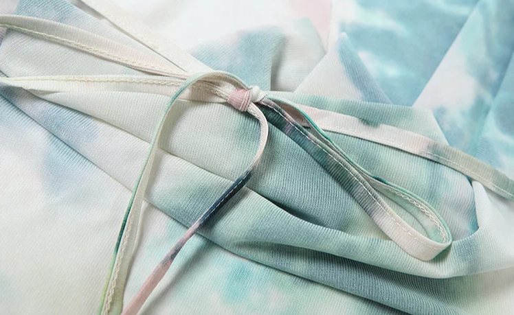 Backless Print Halter 2Peice Set Woman Summer Swinging-Collar Bandage Tank+Mesh Ruffles Tie-Dye Skirt Matching Suit