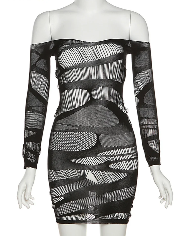 Sexy Hollow Party Dress Women Long Sleeve Skinny Slash Neck Elastic See Through Midnight Birthday Clubwear Bodycon