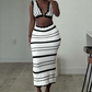 Crochet Stripe Women 2 Piece Set Y2K Vacation Beach Style Lace Camisole+Long Skirts Elegant Matching Clubwear Outfits