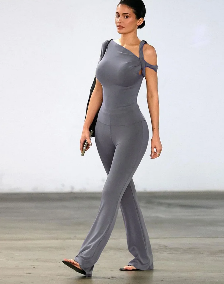 Elegant Women 2 Piece Set Stretch Irregular Knot Short Sleeve Tank Tops+Flare Pants Matching Stretch Slim Streetwear