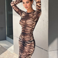 Sexy see Through Dress Women Thin Velvet Tiger Stripes Full Sleeve Autumn Trend Wild Midnight Coquettish Long Bodycon