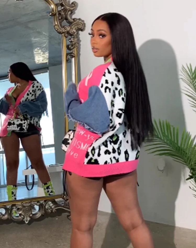 Denim Patchwork Cardigan Sweater Women Autumn Long Sleeve Letter Print Casual Hipster Wild Streetwear Elastic Coat