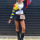 Y2K Cardigan Sweater Women Letter Print Casual Wild V-Neck Button Colorful Patchwork Street Trend Hipster Knit Coat