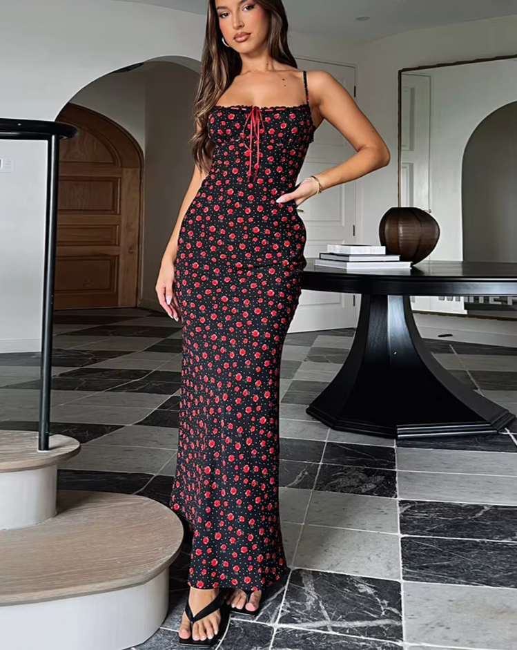 Bow Strap Dress Women Summer Skinny Sexy Sleeveless Irregular Rose Print Square Collar Birthday Party Maxi Vestidos