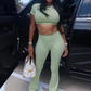 Casual Women 2 Piece Set Stretch Sporty Tracksuit Shorts Sleeve Crop Tops+Flare Pants Matching Activity Tight Outfits