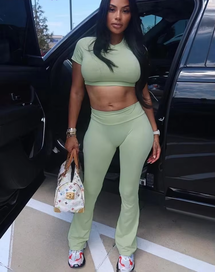 Casual Women 2 Piece Set Stretch Sporty Tracksuit Shorts Sleeve Crop Tops+Flare Pants Matching Activity Tight Outfits