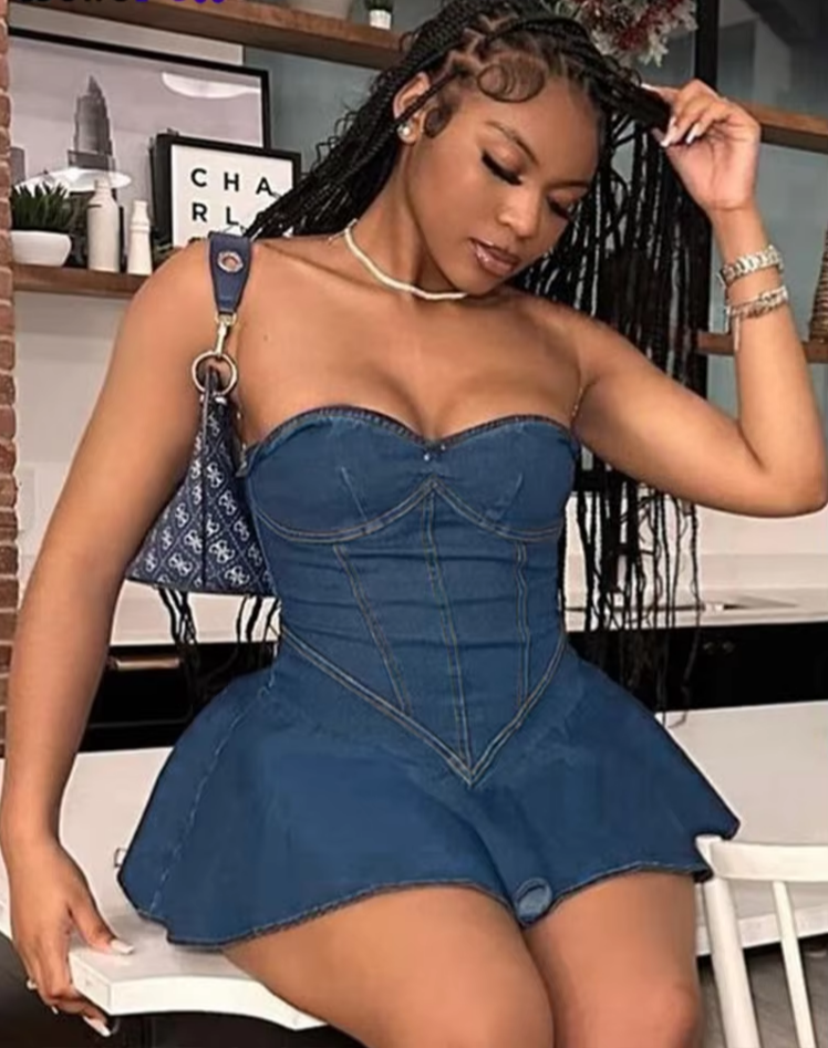 Fake Denim Strapless Sexy Dress Women Summer Trend Skinny Hipster Fashion Concert Birthday Party Clubwear Y2K Bodycon