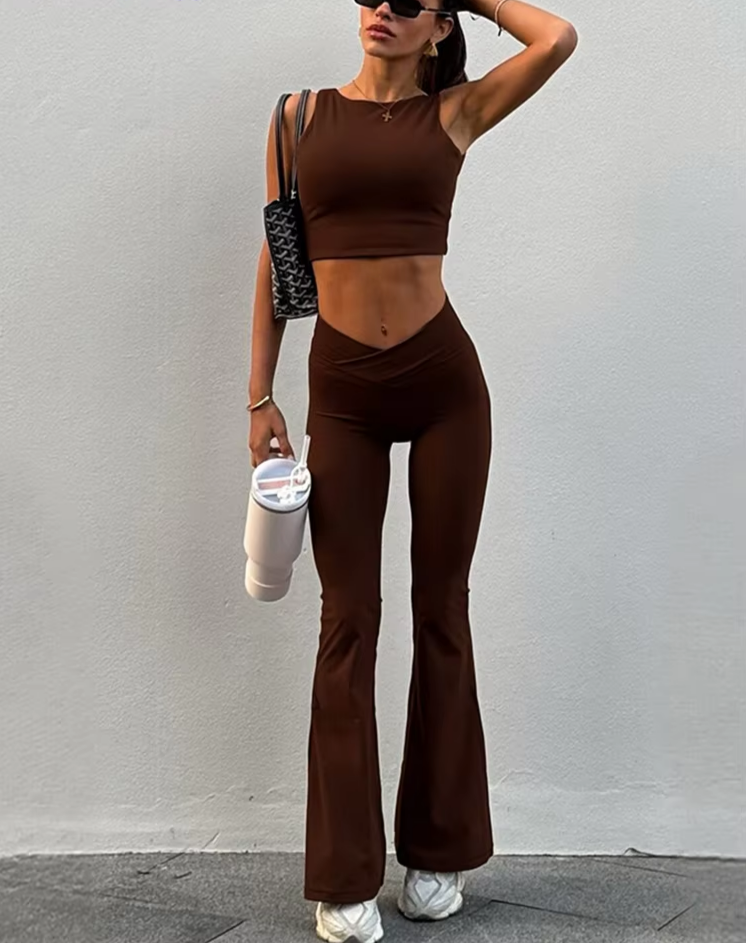 Elegant Casual 2 Piece Set Women o-Neck Sleeveless Waistless Crop Tops+Skinny Solid Straight Pants Simple Trend Suit