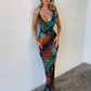 See through Halter Dress Women Colorful Print Swinging Collar backless Split sexy Sleeveless Evening Party Vestidos