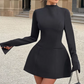 Elegant Backless Dress Women Button Half High Collar Zipper Solid Long Sleeve Autumn Casual Street Trend Mini Bodycon