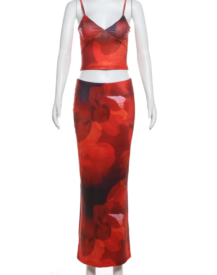 Tie-Dye Print 2 Piece Set Women Summer Y2K Fashion Hipster Elegant V-Neck Camisole+Maxi Skirts Matching Streetwear