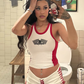 Casual Women Tracksuit 2 Piece Set Letter Print Red Edging Tank Tops+Shirring Bandage Shorts Sporty Activity Outfits