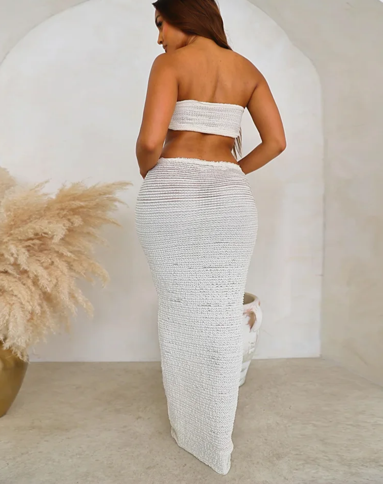 Thin Striped Knot Women 2 Piece Set Midnight Elegant Strapless Tops+Bandage Skirts 2023 Vacation Matching Clubwear