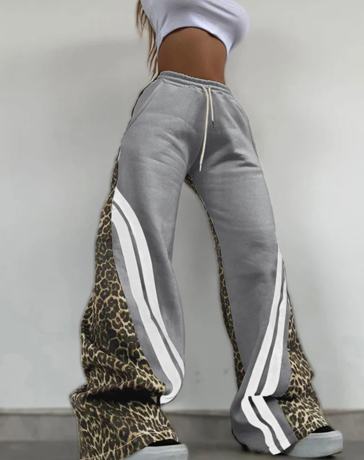 Side Stripe Women Flare Pants Autumn Hipster Leopard Patchwork Pocket Casual Wild Basic Street Sweatpants Trousers