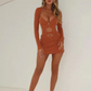 Bright Silk Backless 2 Piece Set Women Halter Lace-Up Hollow Long Sleeve Top+Pleat Skinny Mini Skirts Trend Sexy Suit