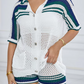 See Through 2 Piece Sets Woman Summer Casual Lapel Pockets Short Sleeve Tops+Contrast Shorts Knitted Matching Outfits