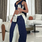 Sporty Women 2 Piece Set Tracksuit Zip Halter Single-Breasted Tank Tops+Straight Pants Matching Streetwear Outfits