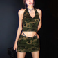 Sexy Camouflage Print Women 2 Piece Set Halter Backless Tank Tops+Hollow High-Waist Skirts Stretch Matching Clubwear