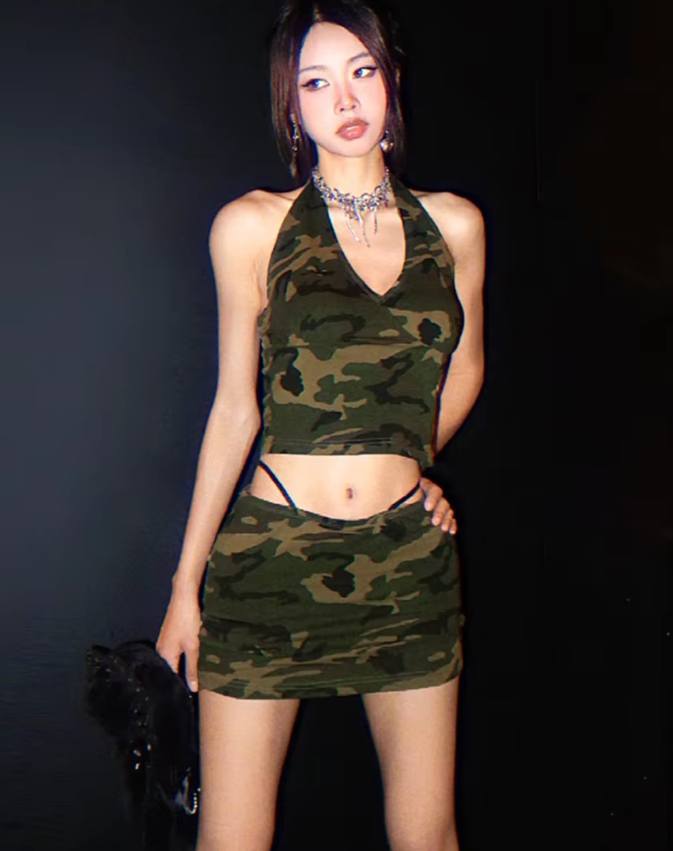 Sexy Camouflage Print Women 2 Piece Set Halter Backless Tank Tops+Hollow High-Waist Skirts Stretch Matching Clubwear