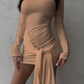 Pleats Bandage Dress Women O-Neck Solid Full Sleeve Trend Tassel Autumn Casual Classic Solid Stretch Mini Bodycon