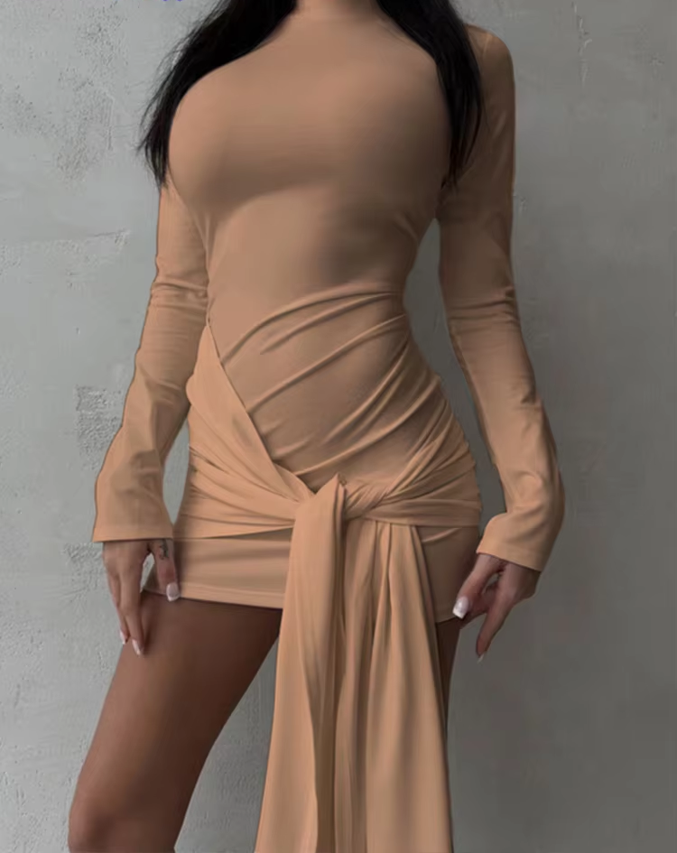 Pleats Bandage Dress Women O-Neck Solid Full Sleeve Trend Tassel Autumn Casual Classic Solid Stretch Mini Bodycon