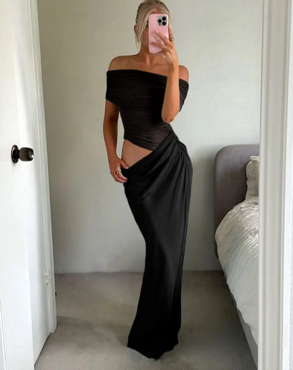 Ruched Irregular Dress Women Mesh Patchwork Slash Neck Short Sleeve Skinny Stretch Trend Elegant Long Bodycon Outfits