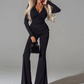 Pleats Elegant 2 Piece Set Women Hooded Low-Neck Long Sleeve Top+Solid Flared Pants Matching Casual Simple Trend Suit