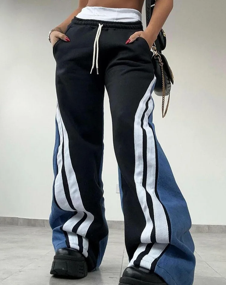 Panelled Stripes Pants Women 2024 Autumn Fashion Contrast Casual Sporty Simple Skinny Streetwear Straight Trousers